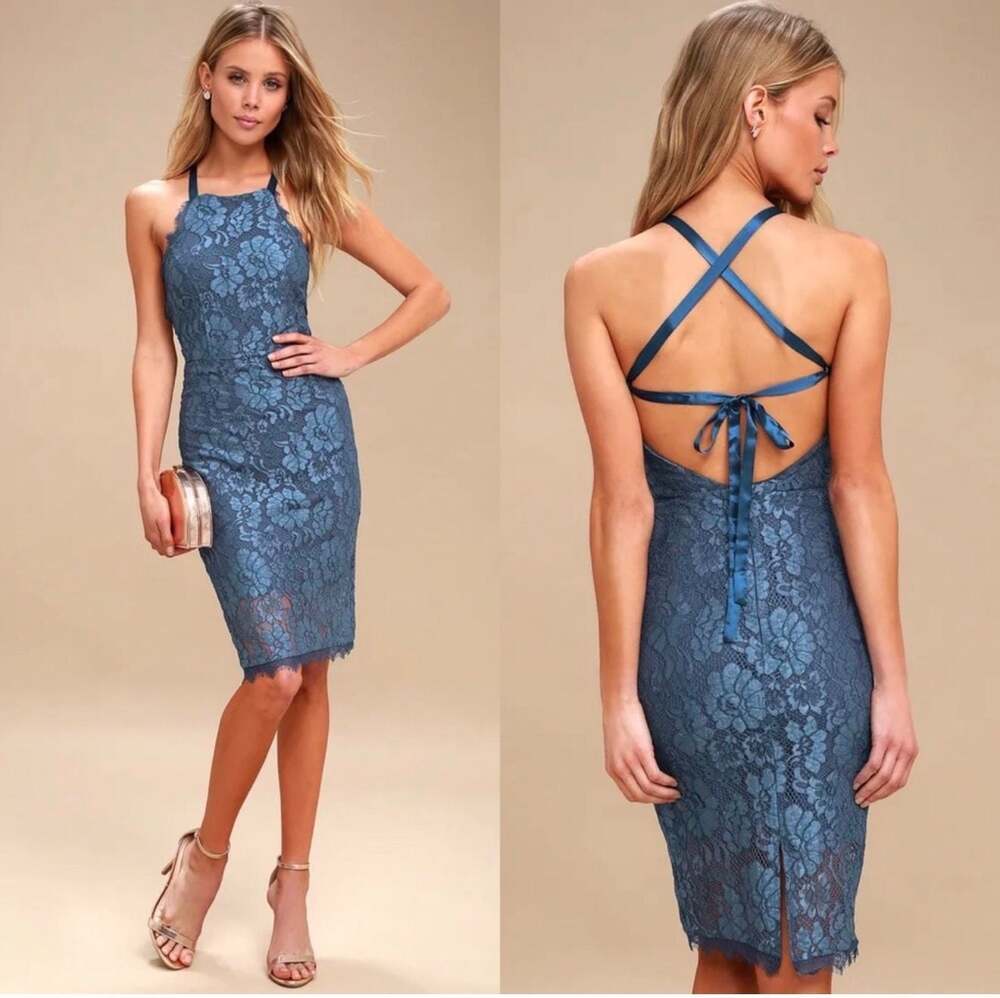 Lulus‎ Wishful Wanderings Blue Lace Bodycon Halter Midi Dress